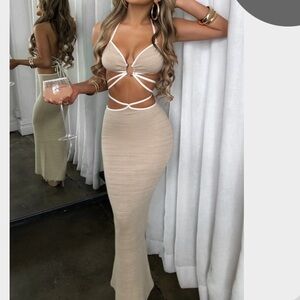 Elegant Cream Halter Maxi Two Piece Skirt Set